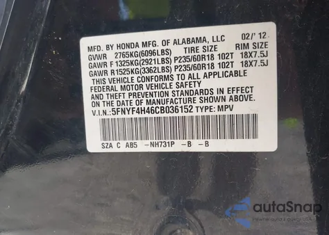 2012 Honda Pilot Ex из США, поврежденный, VIN 5FNYF4H46CB036152